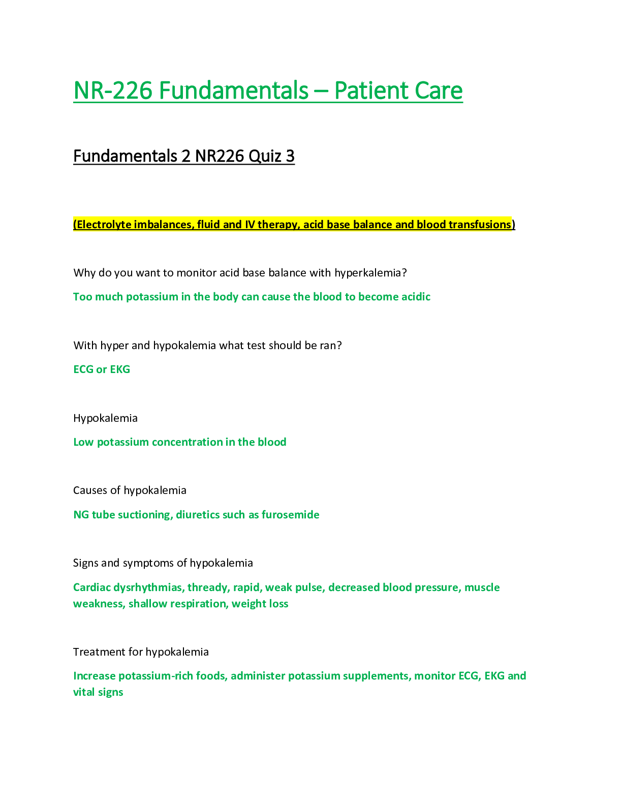 Preview of NR226 / NR-226 Quiz 3  : Fundamentals [Patient Care] - Chamberlain